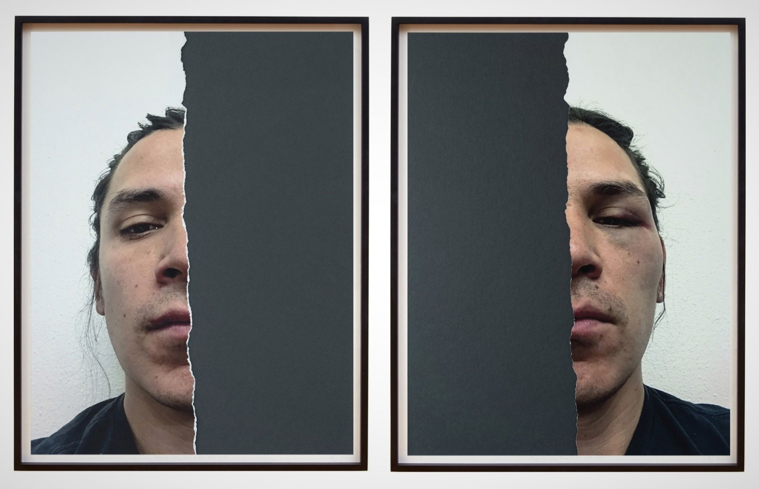 
Nicholas Galanin
The violence of blood quantum, half human (animal), half human (animal) after James Luna, 2019
diptych, portrait of the artist; both halves of torn archival digital print
20 1/2 x 15 1/2 inches (52.1 x 39.4 cm), each
Edition of 10
(NGA19-23)