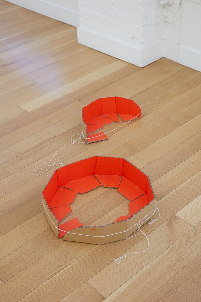 Esther Kläs SEE YOU, 2021 cardboard, paint, and string 4 1/2 x 36 x 31 inches (11 x 91 x 79 cm), overall