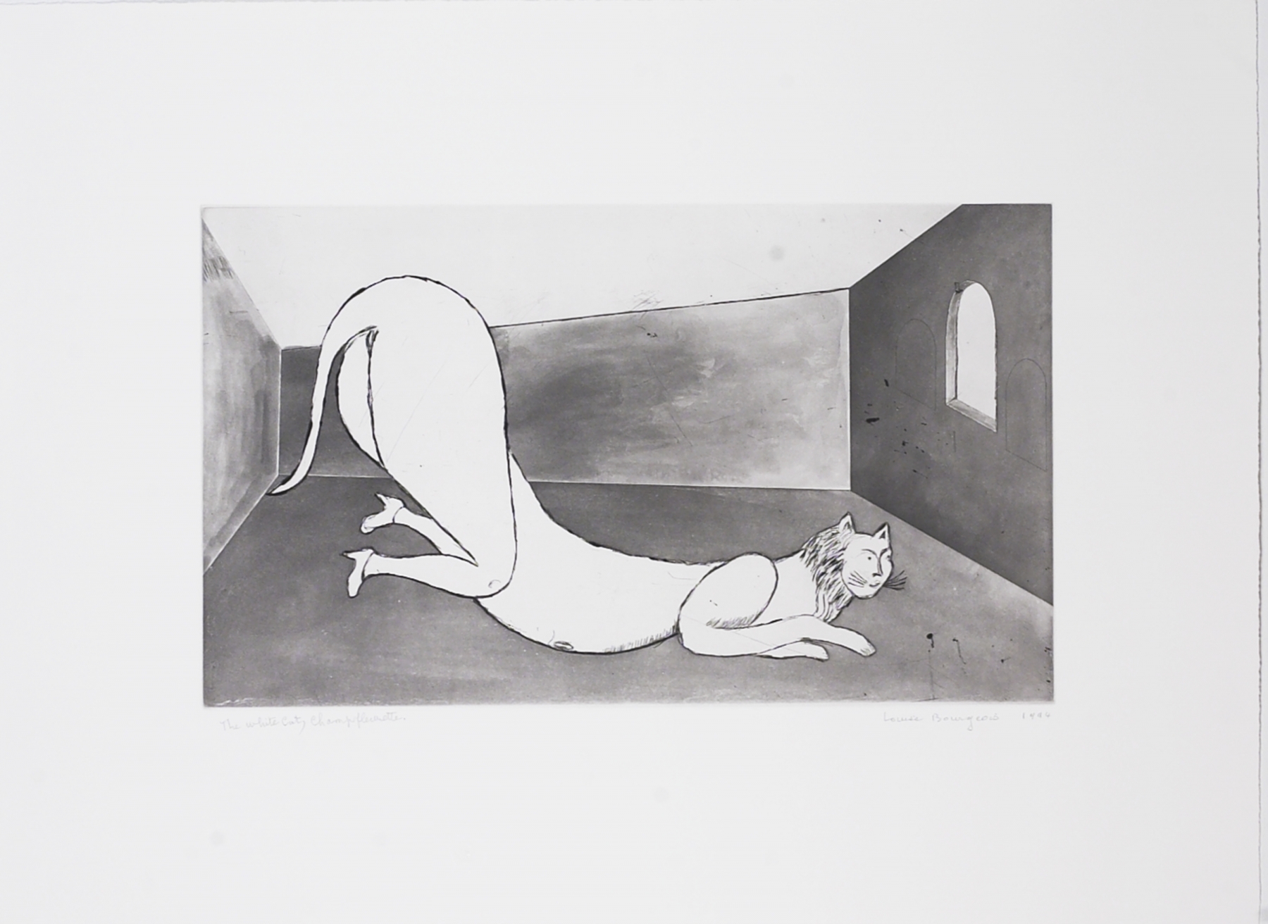Louise Bourgeois
Champfleurette, the White Cat, 1994
Drypoint, etching, and aquatint
18 1/2 x 25 inches (46.99 x 63.5 cm)
Edition of 22 + proofs

Inquire