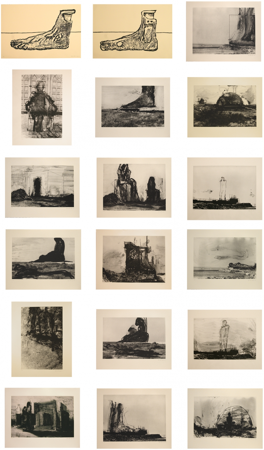 Huma Bhabha
Reconstructions, 2007
Portfolio of 16 photogravures and 2 wood block prints
Photogravures: 29 1/2 x 36 5/8 inches (75 x 93 cm), each
Woodblock prints: 25 3/4 x 34 inches (64.5 x 96.5 cm), each
Edition&nbsp;of 35 + proofs

Inquire