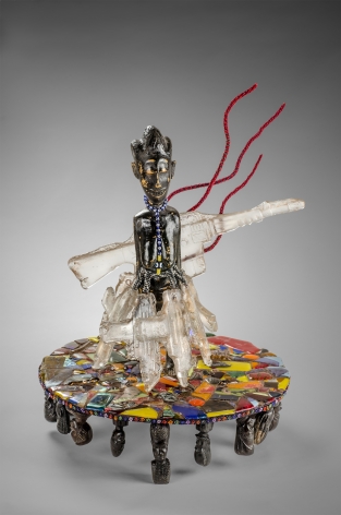 Joyce J. Scott War Woman II, 2014 African sculpture, fused and painted mosaic glass, glass/plastic beads, wire, thread, metal keys and cast glass guns 25 x 18 x 18 inches (63.5 x 45.7 x 45.7 cm) (JJS14-01)