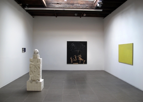 Installation of the art exhibition "Heat Waves" with 3 paintings on white walls and a Styrofoam and clay sculpture